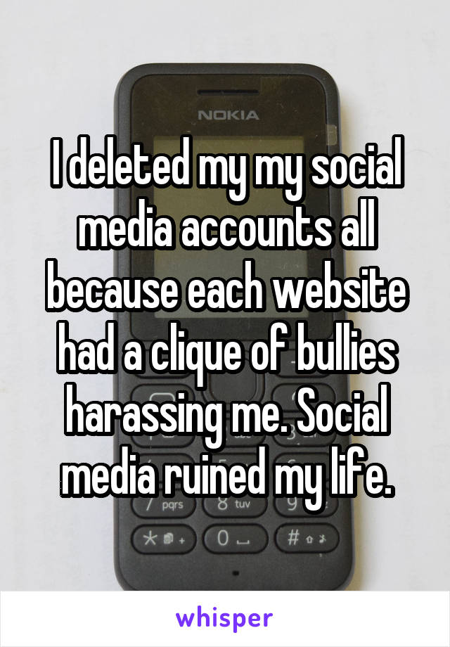 I deleted my my social media accounts all because each website had a clique of bullies harassing me. Social media ruined my life.