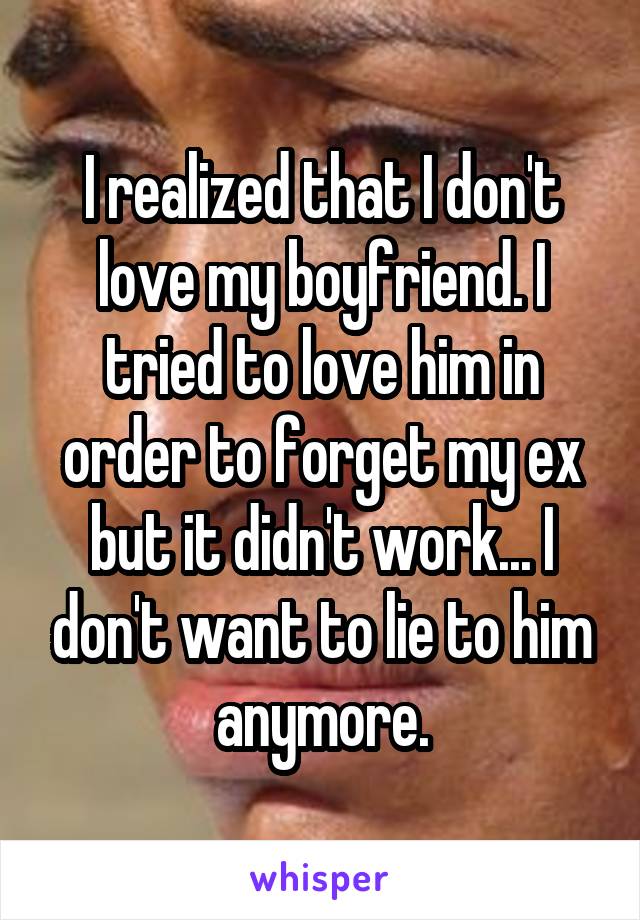 I realized that I don't love my boyfriend. I tried to love him in order to forget my ex but it didn't work... I don't want to lie to him anymore.