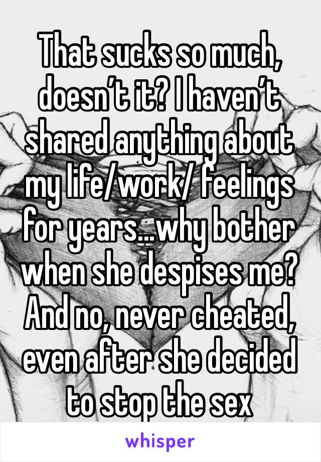 That sucks so much, doesn’t it? I haven’t shared anything about my life/work/ feelings for years...why bother when she despises me? And no, never cheated, even after she decided to stop the sex