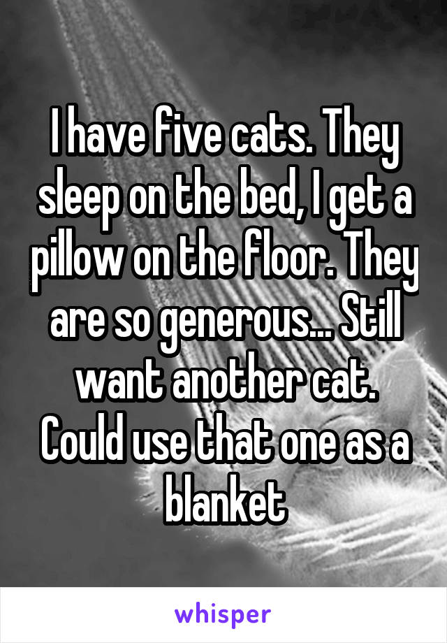 I have five cats. They sleep on the bed, I get a pillow on the floor. They are so generous... Still want another cat. Could use that one as a blanket
