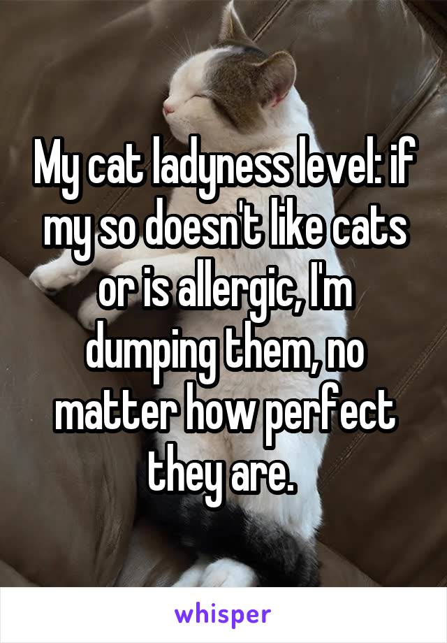 My cat ladyness level: if my so doesn't like cats or is allergic, I'm dumping them, no matter how perfect they are. 