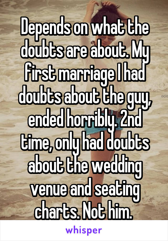 Depends on what the doubts are about. My first marriage I had doubts about the guy, ended horribly. 2nd time, only had doubts about the wedding venue and seating charts. Not him. 