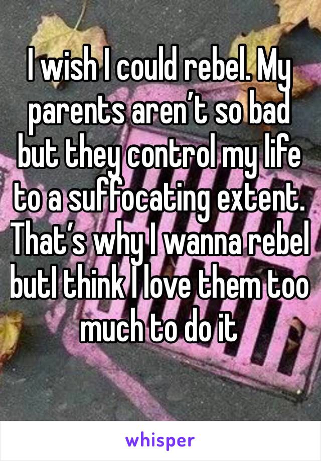 I wish I could rebel. My parents aren’t so bad but they control my life to a suffocating extent. That’s why I wanna rebel butI think I love them too much to do it