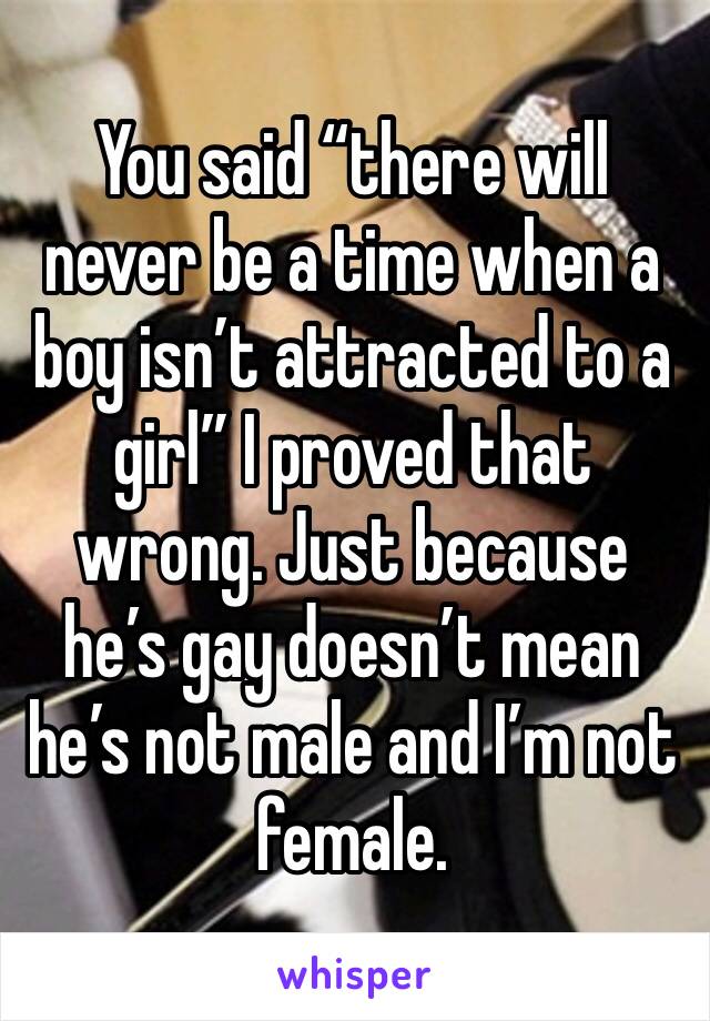 You said “there will never be a time when a boy isn’t attracted to a girl” I proved that wrong. Just because he’s gay doesn’t mean he’s not male and I’m not female.