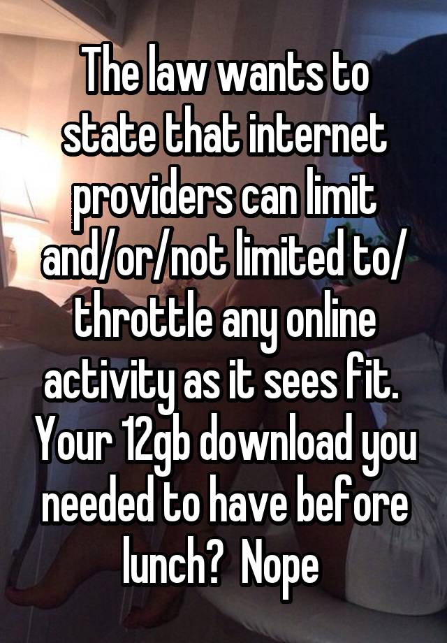 The law wants to state that internet providers can limit and/or/not limited to/ throttle any online activity as it sees fit.  Your 12gb download you needed to have before lunch?  Nope 