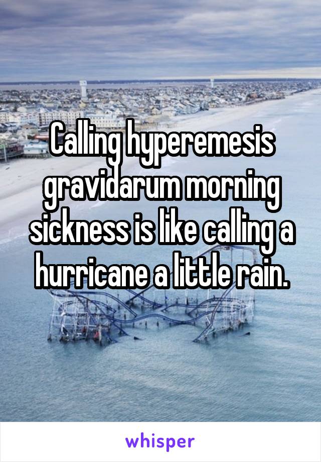 Calling hyperemesis gravidarum morning sickness is like calling a hurricane a little rain.
