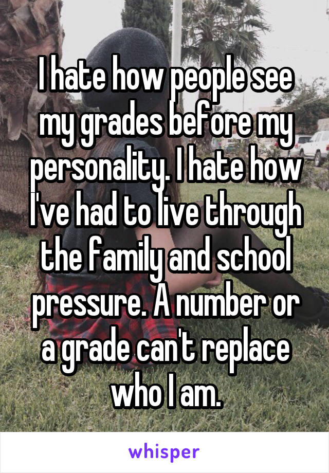 I hate how people see my grades before my personality. I hate how I've had to live through the family and school pressure. A number or a grade can't replace who I am.
