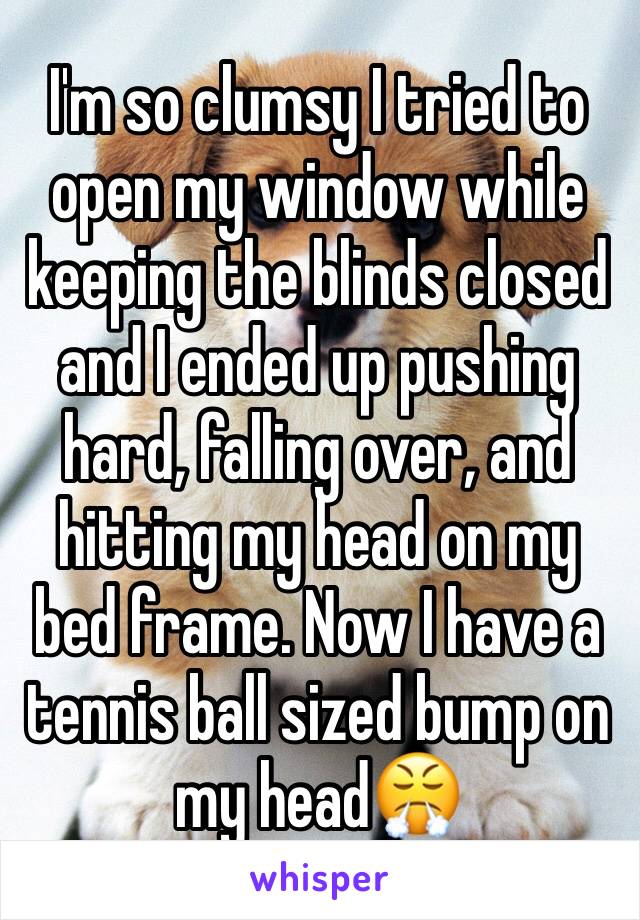 I'm so clumsy I tried to open my window while keeping the blinds closed and I ended up pushing hard, falling over, and hitting my head on my bed frame. Now I have a tennis ball sized bump on my head😤