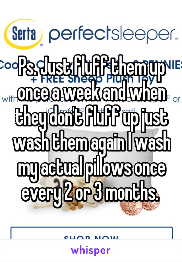 Ps. Just fluff them up once a week and when they don't fluff up just wash them again I wash my actual pillows once every 2 or 3 months. 
