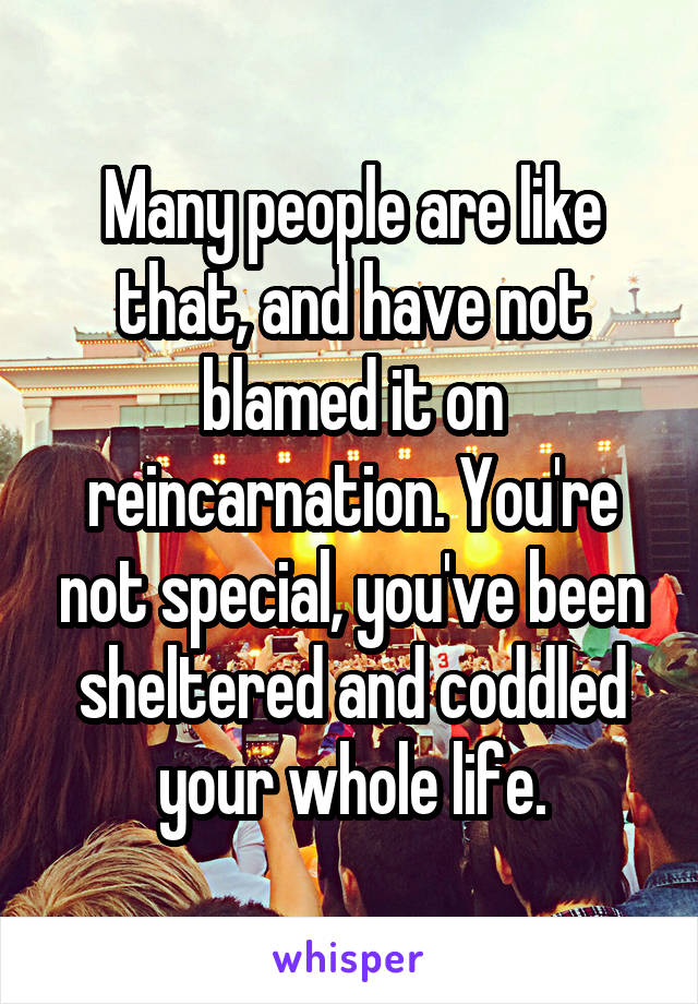 Many people are like that, and have not blamed it on reincarnation. You're not special, you've been sheltered and coddled your whole life.
