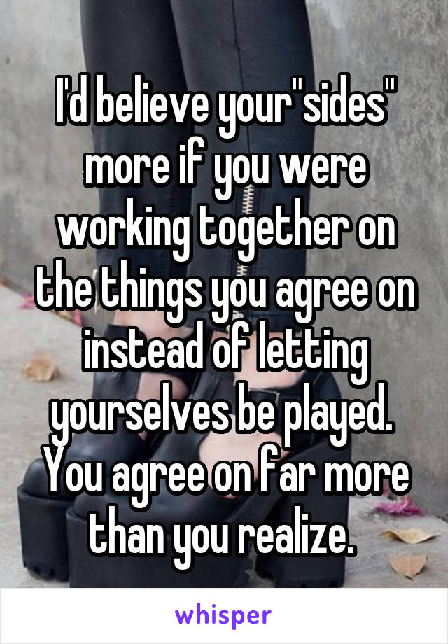 I'd believe your"sides" more if you were working together on the things you agree on instead of letting yourselves be played.  You agree on far more than you realize. 