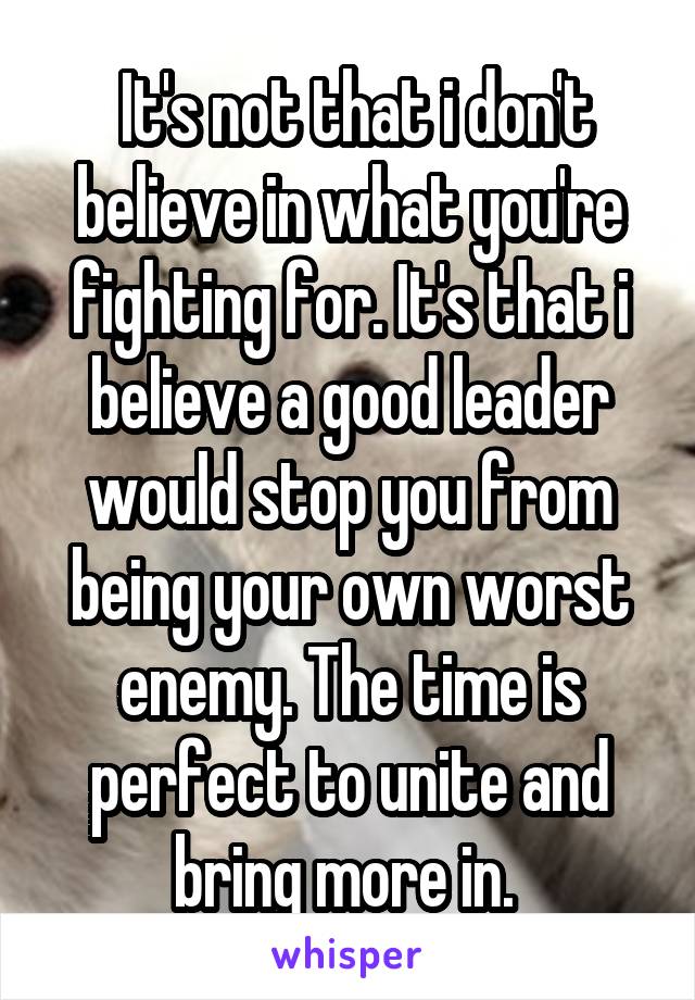  It's not that i don't believe in what you're fighting for. It's that i believe a good leader would stop you from being your own worst enemy. The time is perfect to unite and bring more in. 