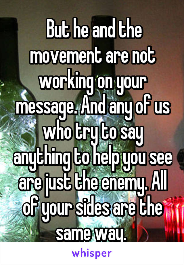  But he and the movement are not working on your message. And any of us who try to say anything to help you see are just the enemy. All of your sides are the same way. 