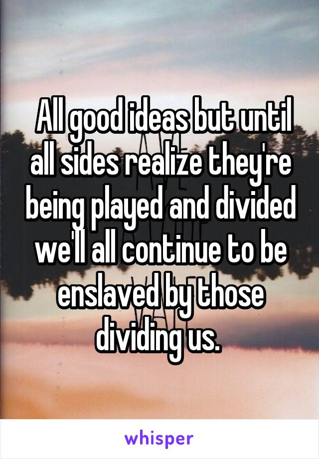  All good ideas but until all sides realize they're being played and divided we'll all continue to be enslaved by those dividing us. 