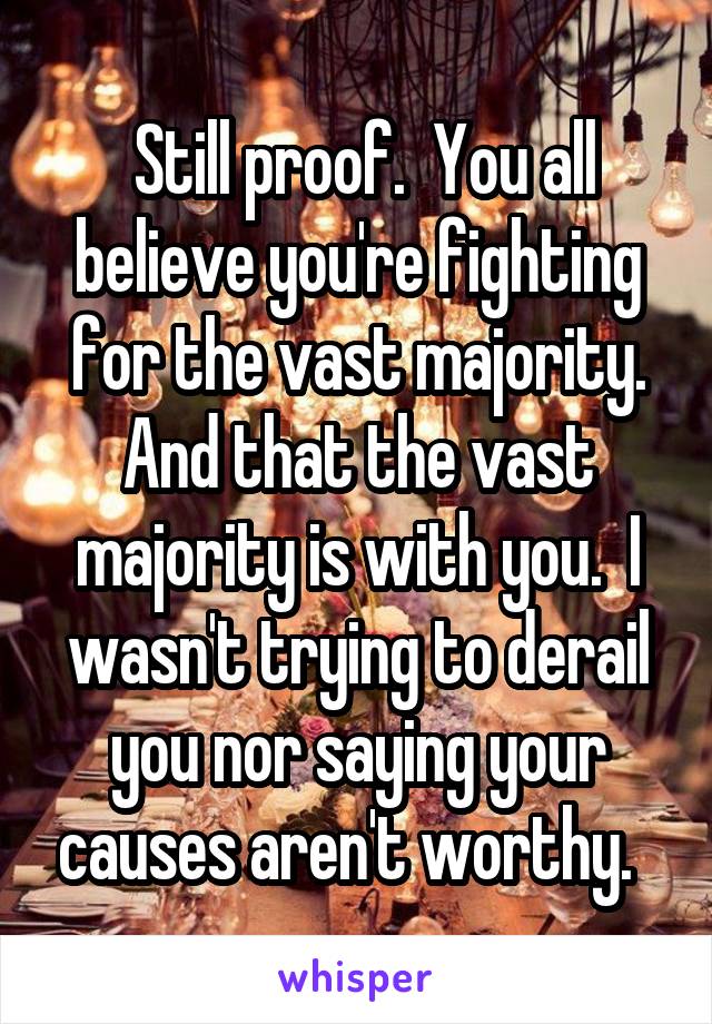  Still proof.  You all believe you're fighting for the vast majority. And that the vast majority is with you.  I wasn't trying to derail you nor saying your causes aren't worthy.  