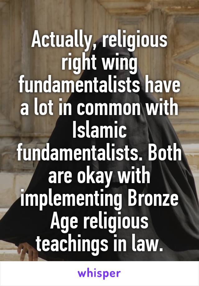 Actually, religious right wing fundamentalists have a lot in common with Islamic fundamentalists. Both are okay with implementing Bronze Age religious teachings in law.