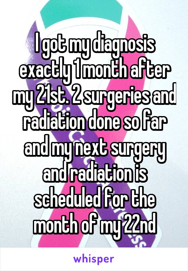 I got my diagnosis exactly 1 month after my 21st. 2 surgeries and radiation done so far and my next surgery and radiation is scheduled for the month of my 22nd