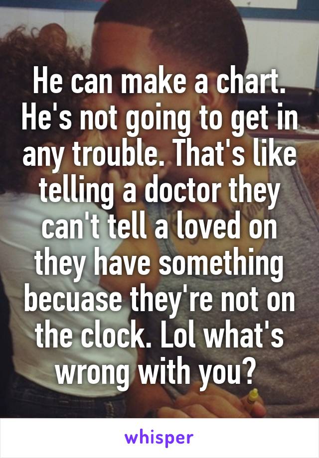 He can make a chart. He's not going to get in any trouble. That's like telling a doctor they can't tell a loved on they have something becuase they're not on the clock. Lol what's wrong with you? 