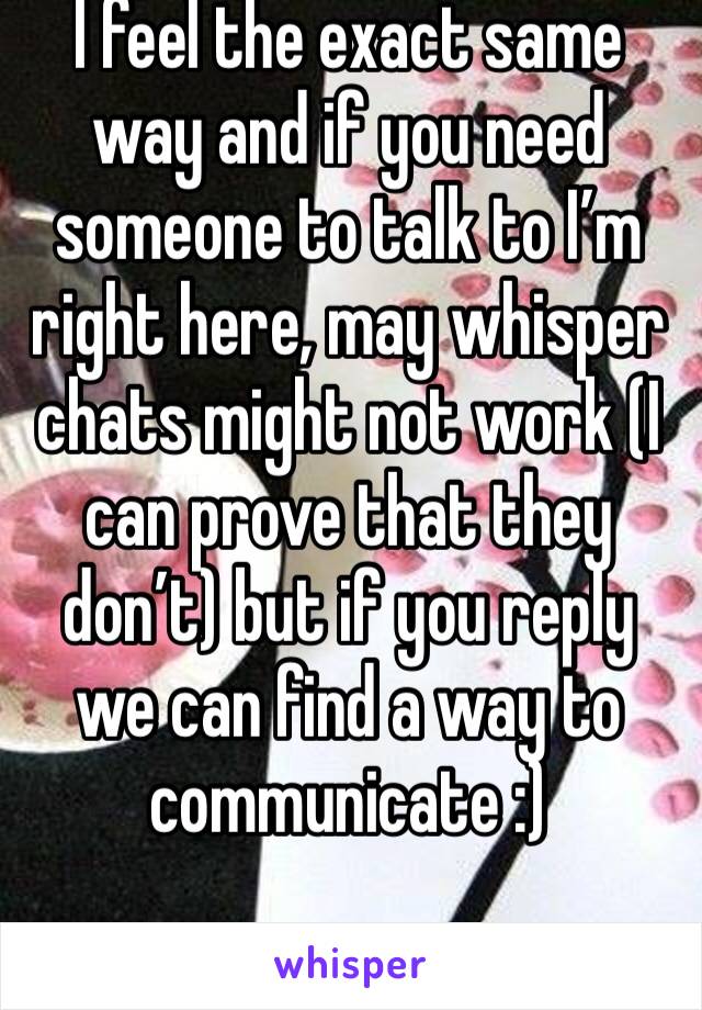 I feel the exact same way and if you need someone to talk to I’m right here, may whisper chats might not work (I can prove that they don’t) but if you reply we can find a way to communicate :)