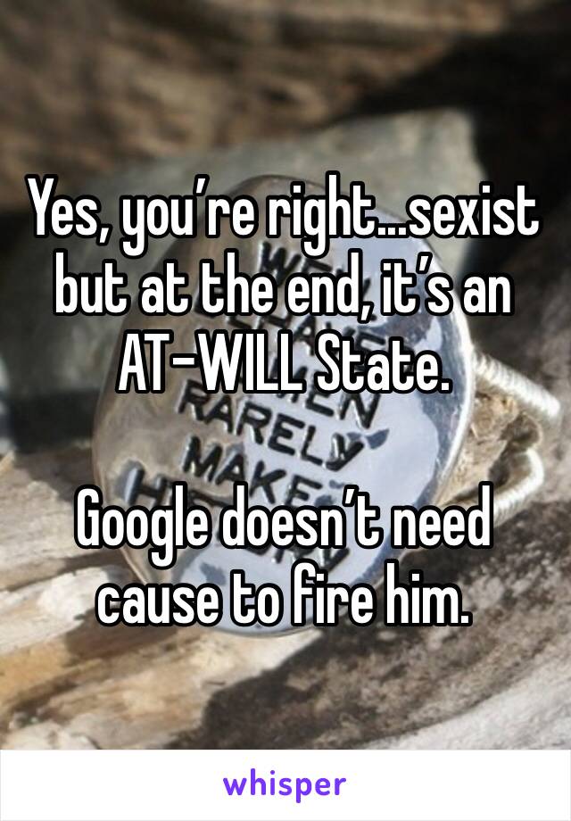 Yes, you’re right...sexist but at the end, it’s an
AT-WILL State. 

Google doesn’t need cause to fire him. 