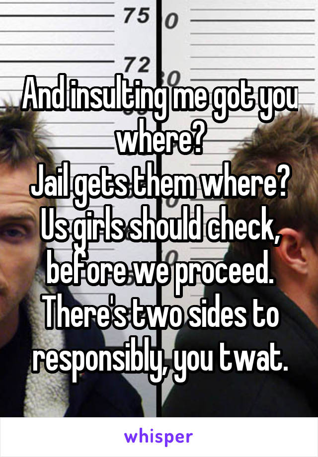 And insulting me got you where?
Jail gets them where?
Us girls should check, before we proceed.
There's two sides to responsibly, you twat.