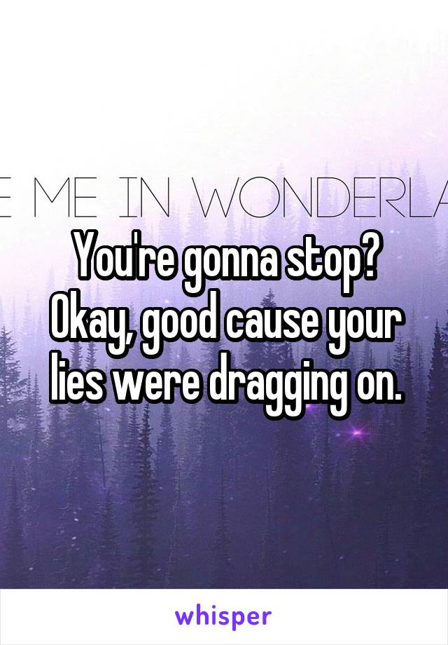 You're gonna stop? Okay, good cause your lies were dragging on.