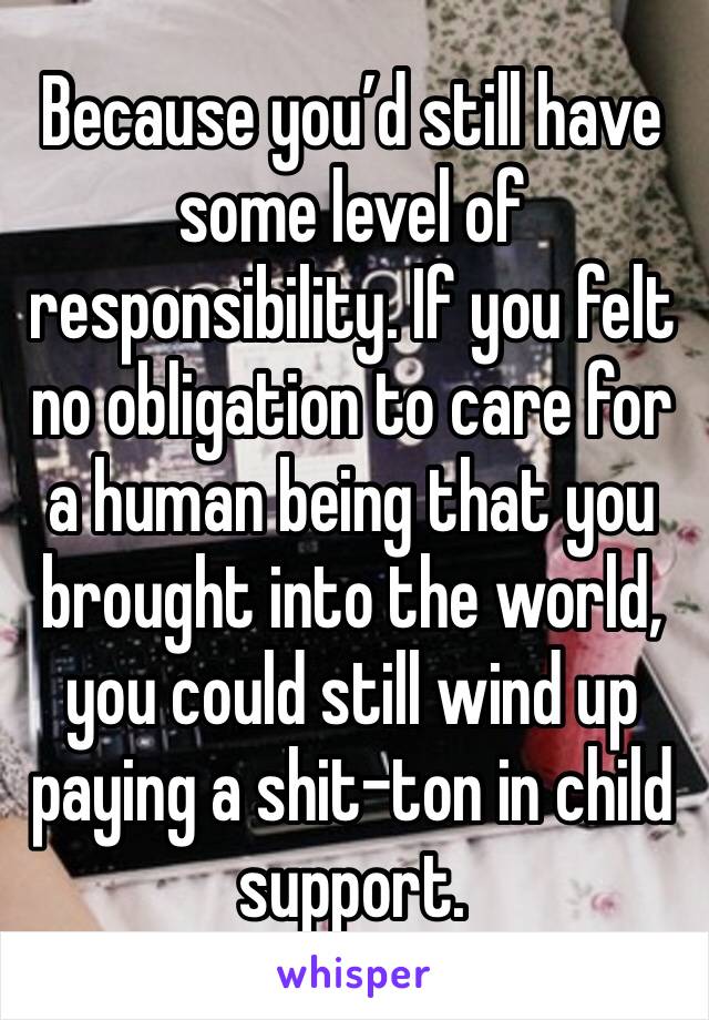 Because you’d still have some level of responsibility. If you felt no obligation to care for a human being that you brought into the world, you could still wind up paying a shit-ton in child support.