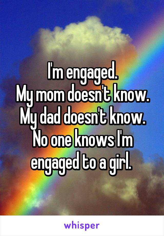 I'm engaged.
My mom doesn't know.
My dad doesn't know.
No one knows I'm engaged to a girl. 