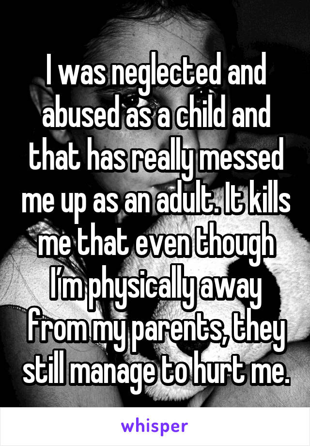 I was neglected and abused as a child and that has really messed me up as an adult. It kills me that even though I’m physically away from my parents, they still manage to hurt me.