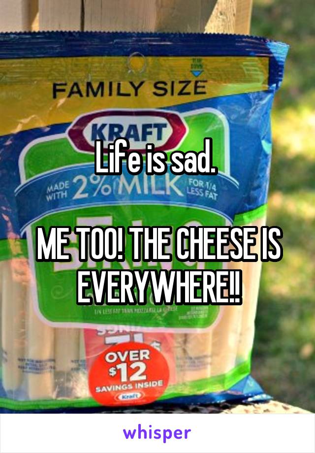 Life is sad. 

ME TOO! THE CHEESE IS EVERYWHERE!!