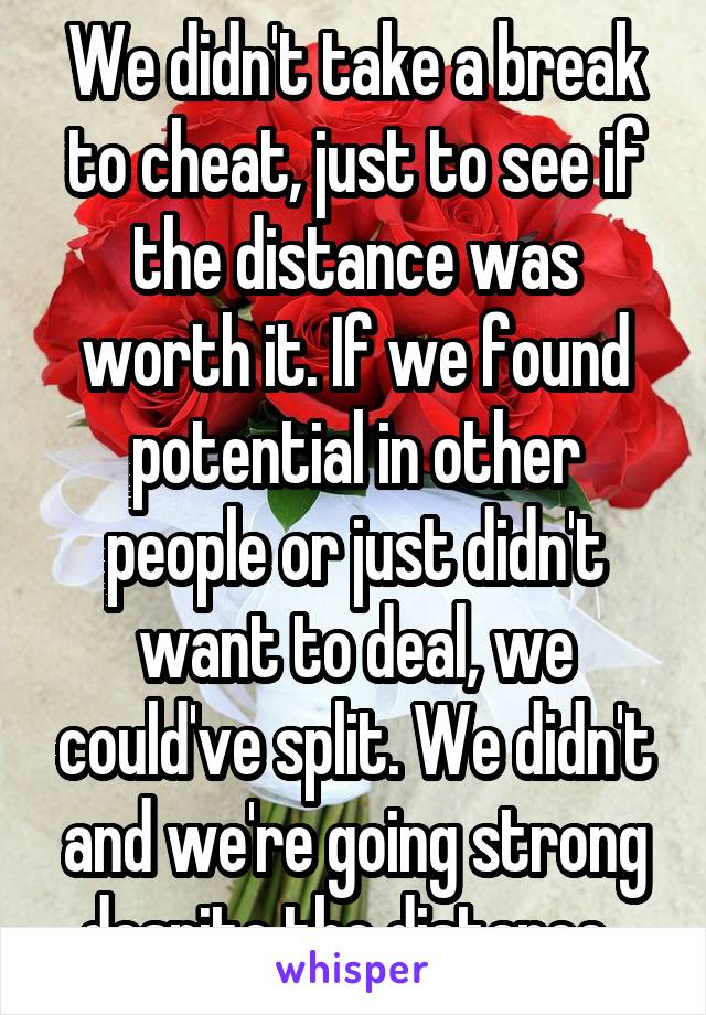 We didn't take a break to cheat, just to see if the distance was worth it. If we found potential in other people or just didn't want to deal, we could've split. We didn't and we're going strong despite the distance. 