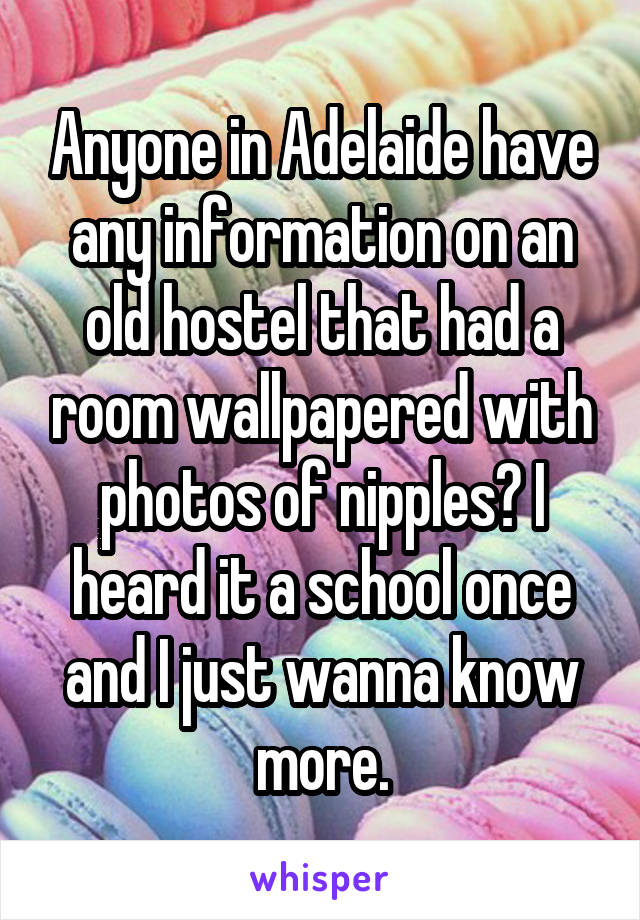 Anyone in Adelaide have any information on an old hostel that had a room wallpapered with photos of nipples? I heard it a school once and I just wanna know more.