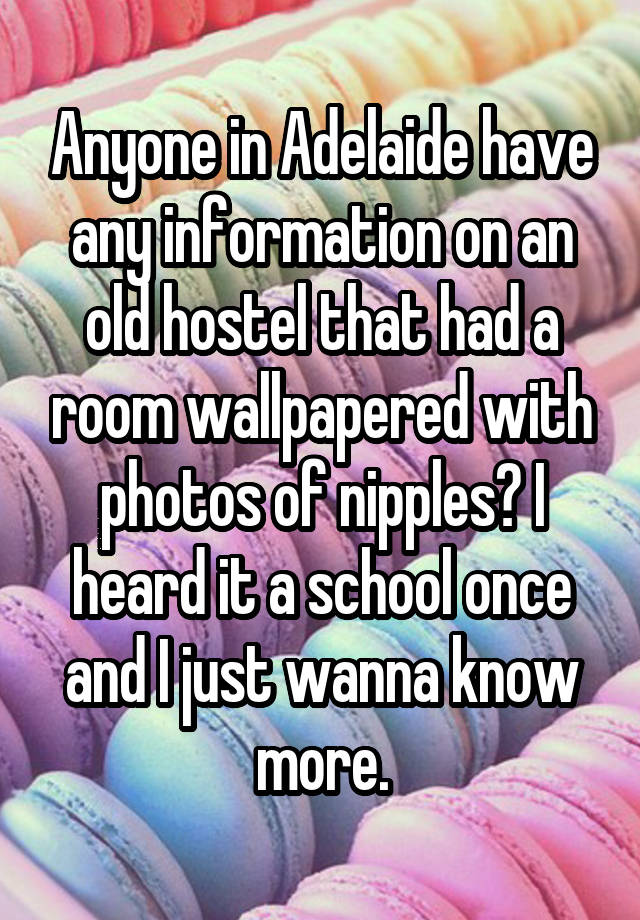 Anyone in Adelaide have any information on an old hostel that had a room wallpapered with photos of nipples? I heard it a school once and I just wanna know more.