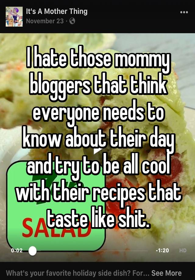 I hate those mommy bloggers that think everyone needs to know about their day and try to be all cool with their recipes that taste like shit.
