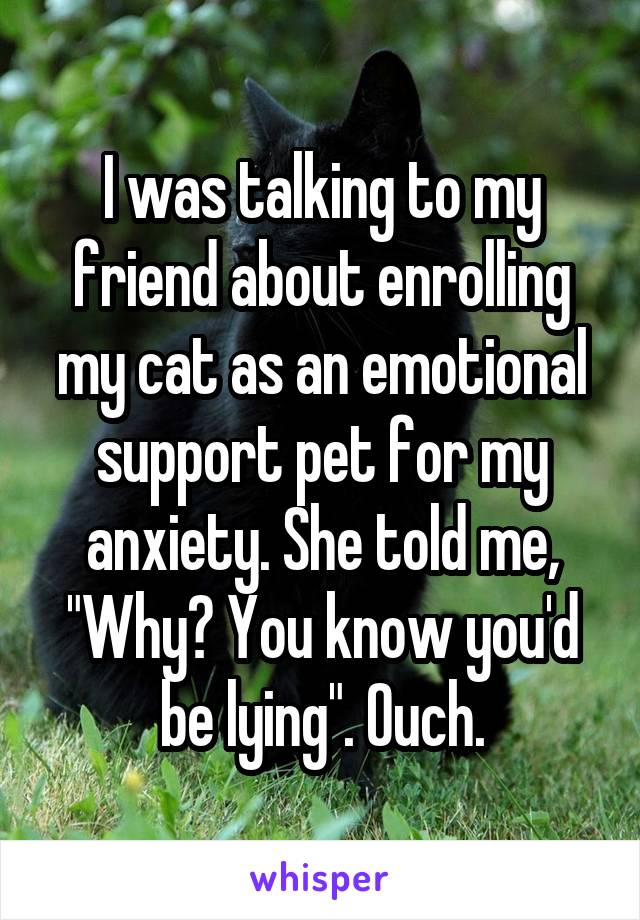 I was talking to my friend about enrolling my cat as an emotional support pet for my anxiety. She told me, "Why? You know you'd be lying". Ouch.