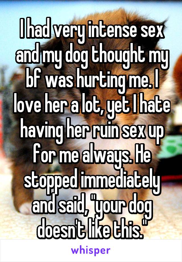 I had very intense sex and my dog thought my bf was hurting me. I love her a lot, yet I hate having her ruin sex up for me always. He stopped immediately and said, "your dog doesn't like this."