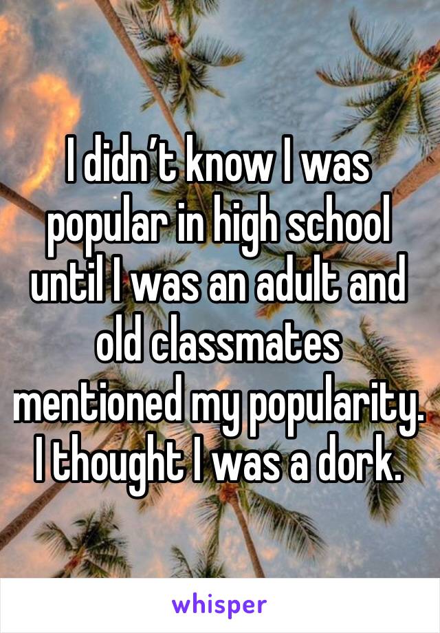 I didn’t know I was popular in high school until I was an adult and old classmates mentioned my popularity. 
I thought I was a dork. 