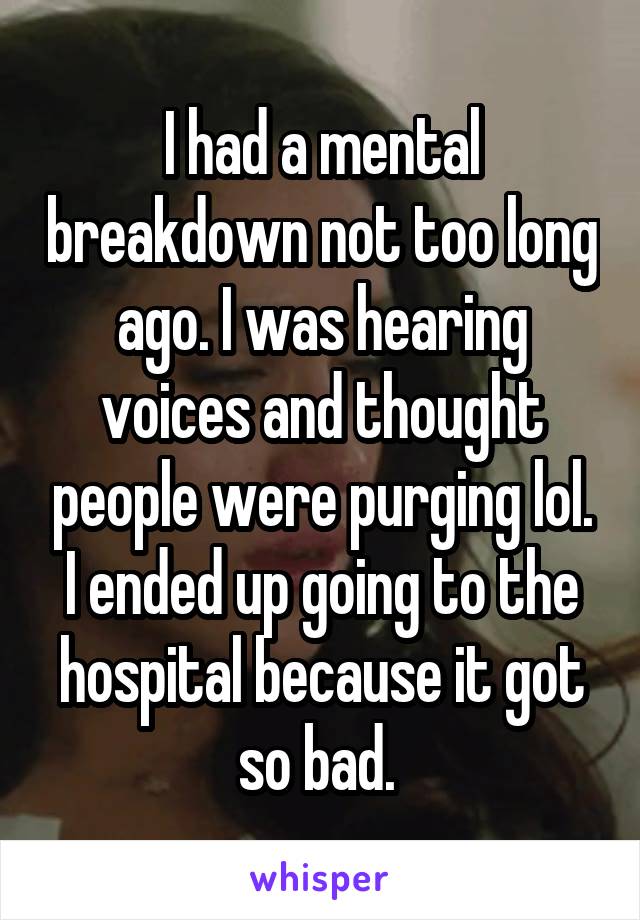 I had a mental breakdown not too long ago. I was hearing voices and thought people were purging lol. I ended up going to the hospital because it got so bad. 