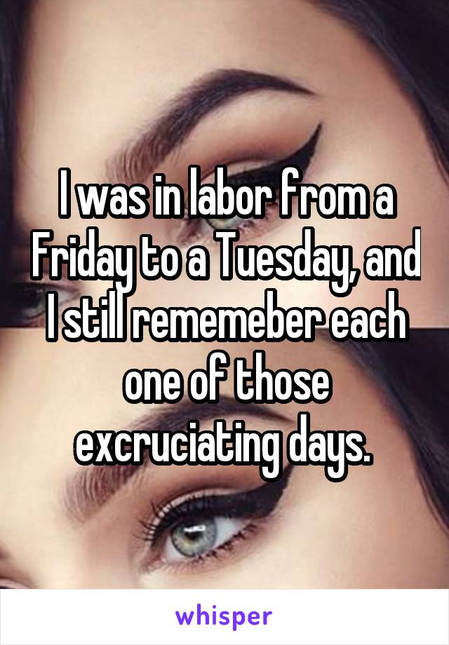 I was in labor from a Friday to a Tuesday, and I still rememeber each one of those excruciating days. 