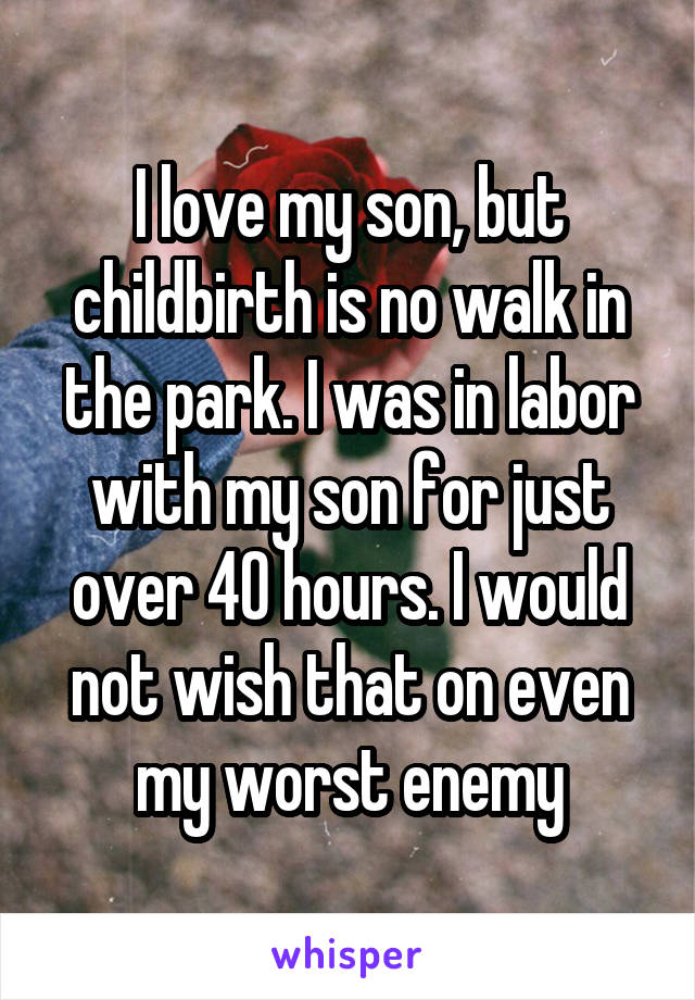I love my son, but childbirth is no walk in the park. I was in labor with my son for just over 40 hours. I would not wish that on even my worst enemy