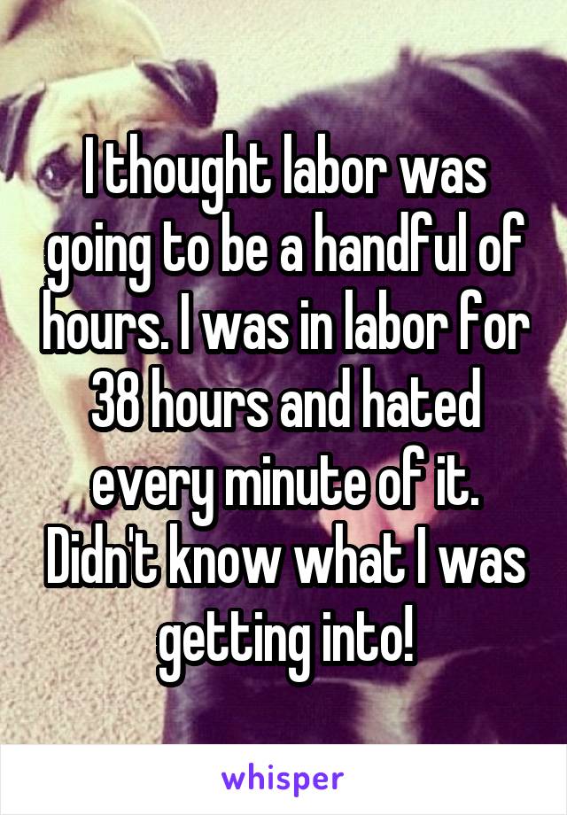 I thought labor was going to be a handful of hours. I was in labor for 38 hours and hated every minute of it. Didn't know what I was getting into!