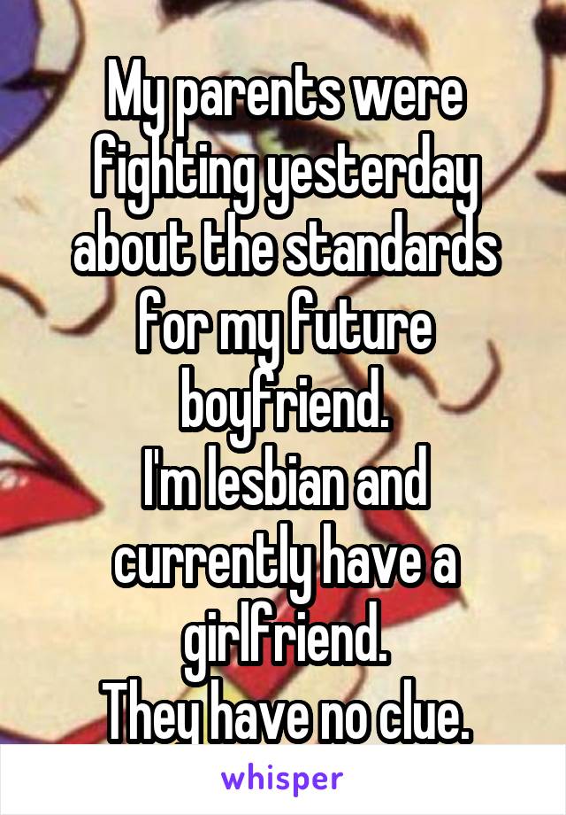 My parents were fighting yesterday about the standards for my future boyfriend.
I'm lesbian and currently have a girlfriend.
They have no clue.