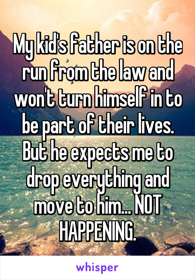 My kid's father is on the run from the law and won't turn himself in to be part of their lives. But he expects me to drop everything and move to him... NOT HAPPENING.