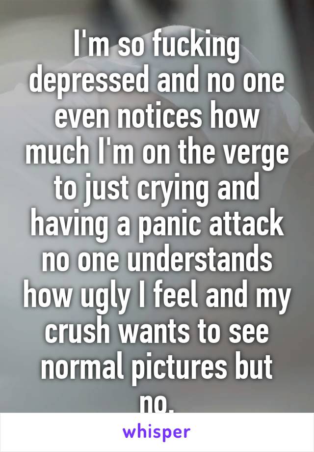 I'm so fucking depressed and no one even notices how much I'm on the verge to just crying and having a panic attack no one understands how ugly I feel and my crush wants to see normal pictures but no.