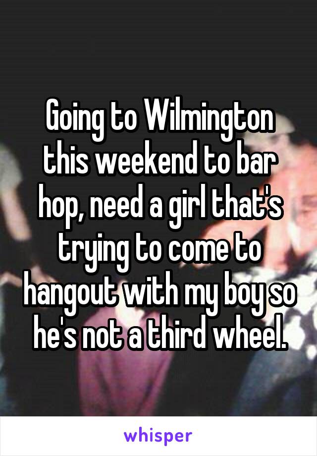 Going to Wilmington this weekend to bar hop, need a girl that's trying to come to hangout with my boy so he's not a third wheel.