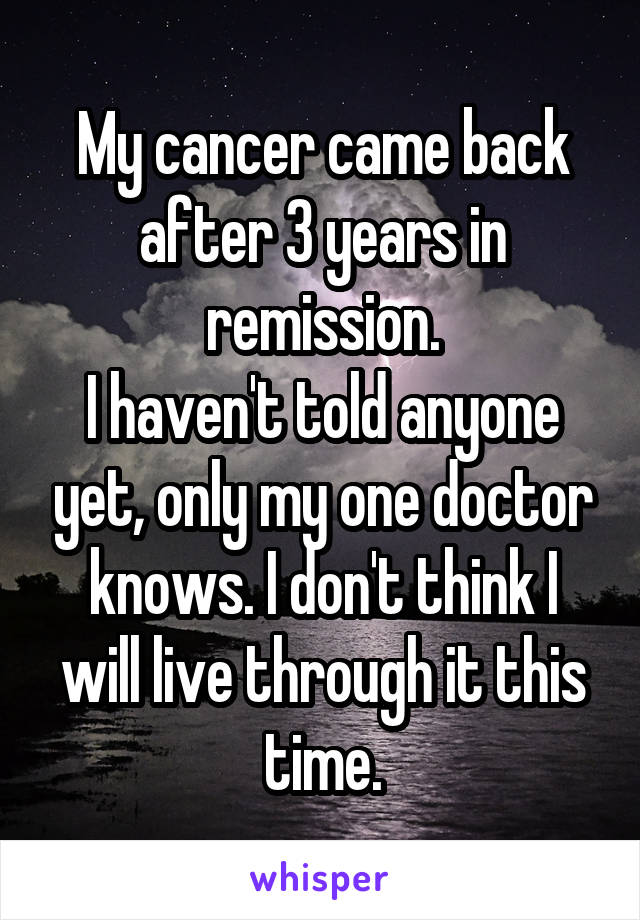My cancer came back after 3 years in remission.
I haven't told anyone yet, only my one doctor knows. I don't think I will live through it this time.