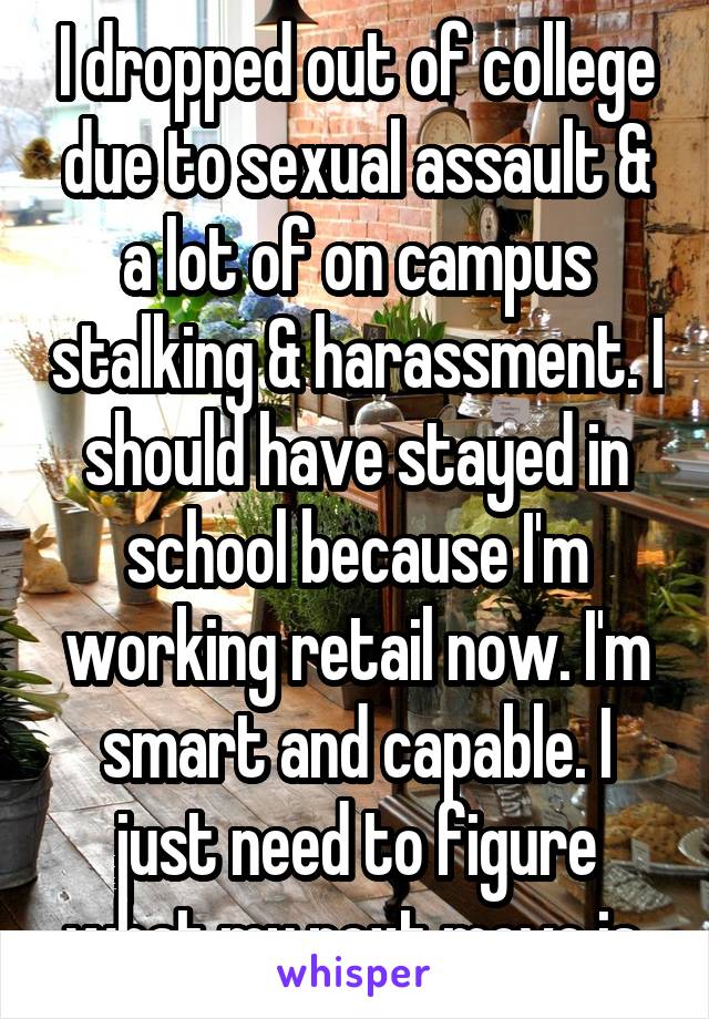 I dropped out of college due to sexual assault & a lot of on campus stalking & harassment. I should have stayed in school because I'm working retail now. I'm smart and capable. I just need to figure what my next move is.