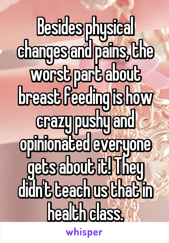 Besides physical changes and pains, the worst part about breast feeding is how crazy pushy and opinionated everyone gets about it! They didn't teach us that in health class.