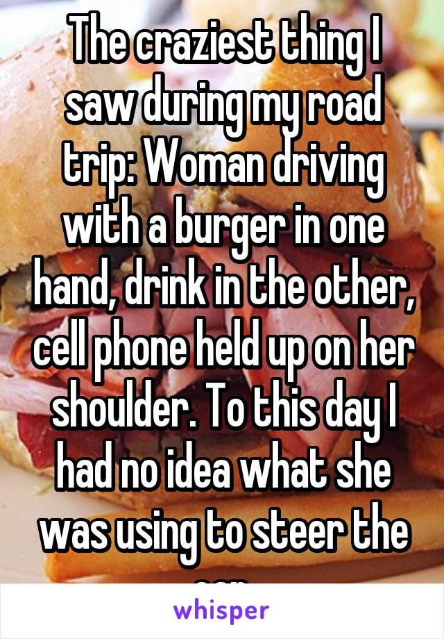 The craziest thing I saw during my road trip: Woman driving with a burger in one hand, drink in the other, cell phone held up on her shoulder. To this day I had no idea what she was using to steer the car.