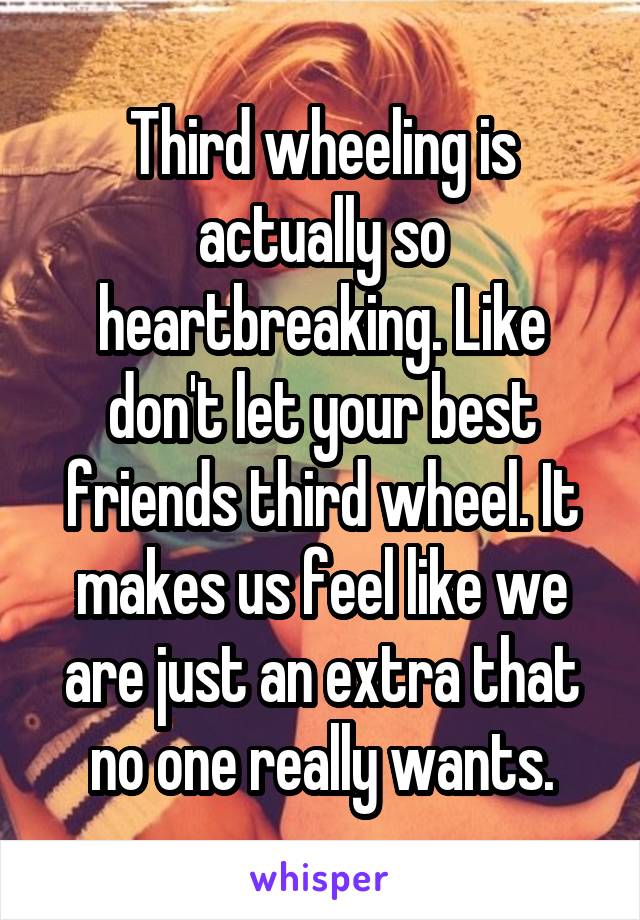 Third wheeling is actually so heartbreaking. Like don't let your best friends third wheel. It makes us feel like we are just an extra that no one really wants.